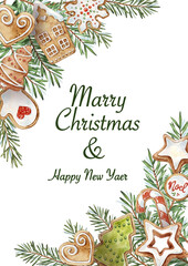 Watercolor Christmas banner with traditional Gingerbread Cookies. Winter traditional cookie with ornament: tree, stars, heart, noel, snowflake, candy. Merry Christmas and New Year greeting card