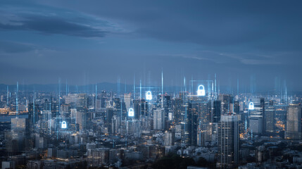 Fototapeta premium Expansive city skyline overlaid with glowing digital holographic locks, data grids, and protective shields, symbolizing data protection, secure communication in smart cities, encrypted