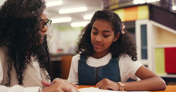 Teacher, child and lesson with books in library with math evaluation, counting and problem solving. Tutor, girl student or education at school with numeracy assessment, learning support or assistance