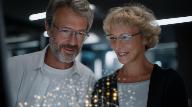 Senior couple reviewing holographic retirement fund projections guided by an AI advisor, illustrating AI-assisted retirement planning, automated investment strategies, personalized wealth