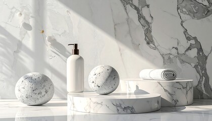 White marble display with beauty products