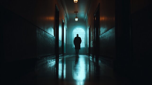 Silhouette figure walks down long prison hallway towards barred window, mysterious background