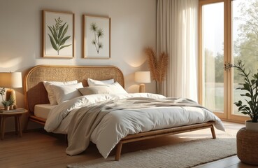 Cozy bedroom interior features rattan bed, clean white bedding. Sunlight streams through large window, creating serene ambiance. Walls display botanical prints. Light natural wood furniture, green
