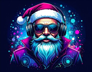 Dope Santa rocking shades and headphones, surrounded by vibrant particles