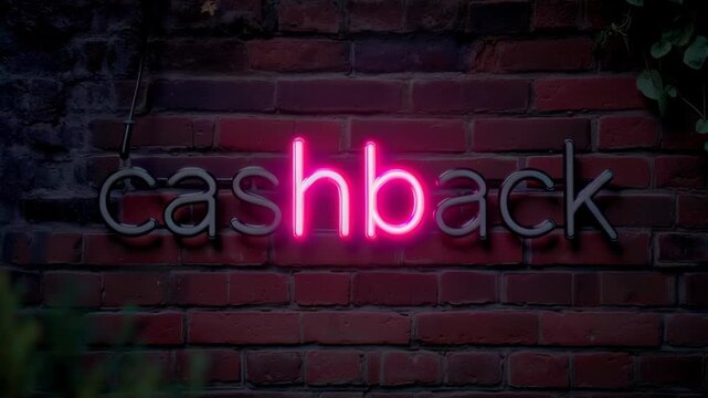 A neon sign that says "Cashback" in pink letters. The sign is on a brick wall