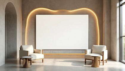 Modern minimalist interior room with large blank screen on textured wall. Two comfortable armchairs, small wooden tables sit on concrete floor. Arches, soft lighting create clean empty space for