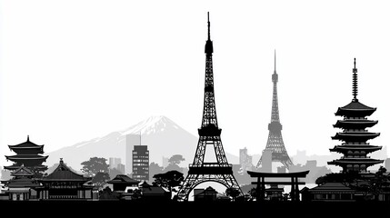 Obraz premium Silhouette of famous Tokyo landmarks and Mount Fuji with cityscape background for travel