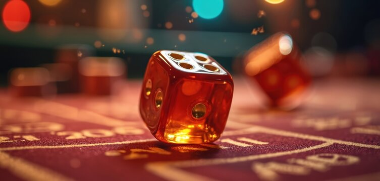 Dice rest on craps table in casino. Red dice show number four. Chance, entertainment, risk. Playful leisure event concept with a fortune stake. Fun game in Vegas.