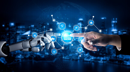 A captivating scene showcasing the interaction between a human hand and a robotic hand, symbolizing technological integration and the digital future in an urban nighttime environment. Tessel