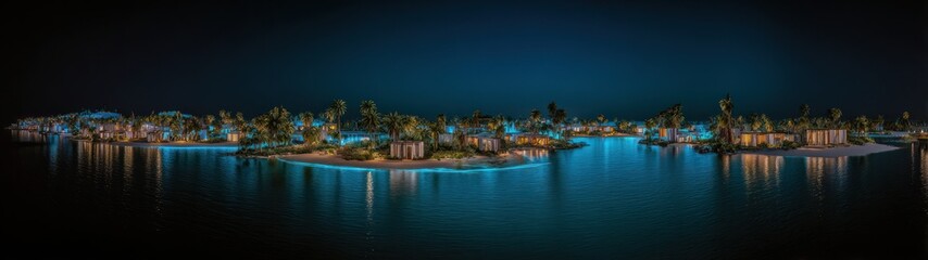 Obraz premium Panoramic view of island coast at night with city lights reflecting on water