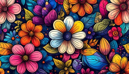 Vibrant floral pattern with numerous colorful stylized blooms and foliage