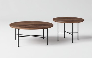 Two wooden-topped tables with black metal legs on a white background, one large, one small