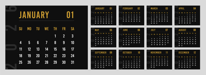 Black Calendar 2026 set of template, layout monthly horizontal pages. Minimalist planner starting with Sunday.