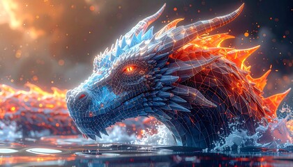 Dragon emerging from water, vibrant colors