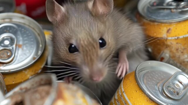 A small brown mouse is sitting in a pile of cans. The scene is messy and disorganized, with the cans scattered around the mouse. The mouse appears to be curious and unbothered by the chaos around it