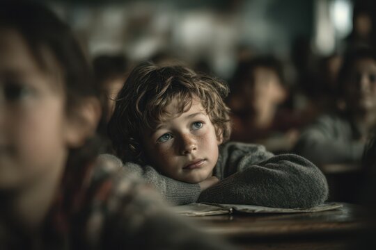 Pensive schoolboy resting head on desk in classroom, concept of childhood daydreaming, boredom, loneliness, education struggles and emotions - Powered by Adobe