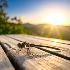 Dragonfly on a wooden surface at sunset with sunlit sky and blurred background