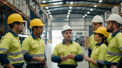Diverse team of construction workers collaborating in a warehouse environment. - Powered by Adobe