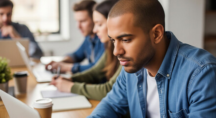Focused team members working together on a project in an office setting.