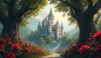 Majestic castle view between trees covered with red roses. Fairytale building exterior on mountain with road, green forest. Romantic landscape with medieval palace architecture. Fantasy theme concept