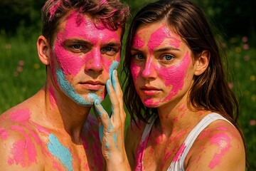 Young man and woman covered with pink and blue paint