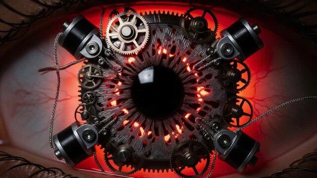 A Stunning Mechanical Eye: Intricate Gears and Red Illuminations Create a Fascinating Fusion of Art and Technology in a Captivating Close-Up