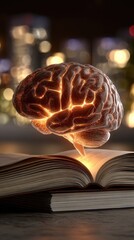 Illuminated brain, emanating from an open book, with blurred city lights in the background