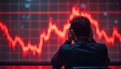 Man observes financial market chart with red color in office. Businessman analyzes collapse, crisis, losses in trading. Economic recession concept with falling stock market. Investor in despair holds