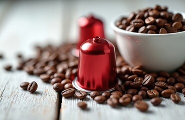 Fresh roasted coffee beans scattered on light wooden surface. White bowl holds many coffee grains. Bright red coffee capsules placed among, ready for brewing. Shows morning coffee preparation for