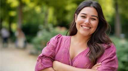 A joyful young Mexican woman with long black hair, part of an interracial couple, smiling broadly with arms crossed in a park, diversity, inclusivity, interracial couples, plus-siz