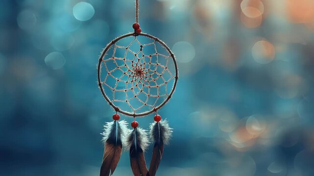 Mystical Dreamcatcher with Feathers Gently Floating Against a Magical, Shimmering Blue Bokeh Background.
