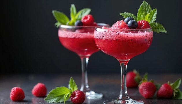 Two red berry slushy cocktails in coupe glasses. Garnished with fresh raspberries, blueberries, mint leaves. Fresh fruit like strawberries, raspberries lie nearby. Refreshing, cold, sweet summer - Powered by Adobe