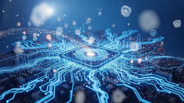 A Stunning Visualization of a Computer Chip with Radiating Blue Lines Representing Complex Data Flow and Digital Connectivity in a Futuristic Network Environment