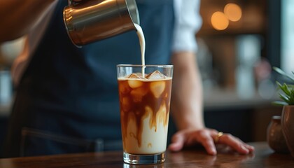 Barista makes iced latte in glass on counter. Person pours milk into coffee. Drink preparation in cafeteria restaurant. Refreshing beverage with ice. Milk stream. Cold brew coffee concept photography.