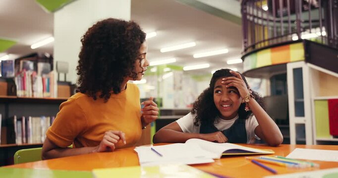 Tutor, student and confused with question in library for evaluation, academic support or remedial. Books, mentor or child with learning disability at school for education or homework help or guidance