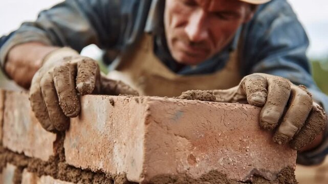 A man is wearing dirty gloves and is laying his hands on a brick. The brick is brown and he is part of a wall. The man seems to be working on the brick, possibly laying it down or smoothing it out