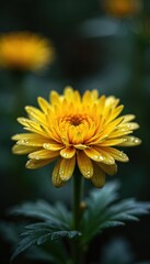 Obraz premium Close up of vibrant yellow flower petals with glistening water droplets. Dark moody background highlights bloom and fresh dew. Delicate natural beauty in soft focus.
