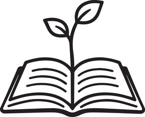 Knowledge Blossoms: A simple illustration of an open book with a growing plant on it, symbolizing the growth and knowledge gained through reading.