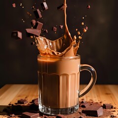 Pieces of dark chocolate fall into a glass