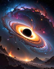 Dramatic depiction of a black hole, swirling nebulae, and cosmic landscape