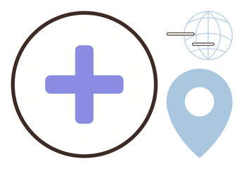 Obraz premium Medical cross inside a circle, blue location pin, and global network symbol. Ideal for healthcare, navigation, global connection, medical aid, mapping emergency services and universal access. Clean