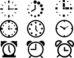 Nine Clock Icons And Illustrations Represent Time, Timeliness, Alarms, And Punctuality For Design Projects