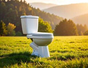 White toilet in a grassy field, mountain backdrop