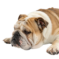 Obraz premium Sad English Bulldog with soulful eyes looking down, perfect for conveying empathy, loneliness, or a moment of reflection. 