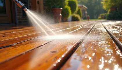 Power washing wooden deck outdoors with water pressure equipment. Cleaning a timber surface to maintain home improvement and backyard renovation project. Timber deck treatment with water jet.