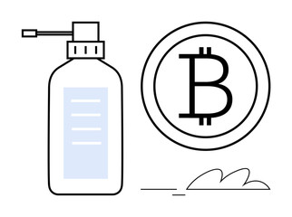 Hand sanitizer bottle with a pump next to a Bitcoin coin. Ideal for concepts of digital economy, hygiene, finance, innovation, tech advancements, investments, medical health, simple flat metaphor
