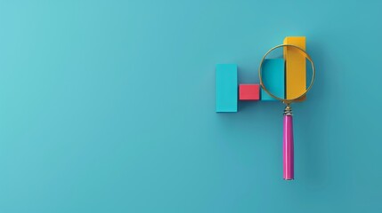 Vibrant and colorful bar chart viewed through a magnifying glass on a blue background image