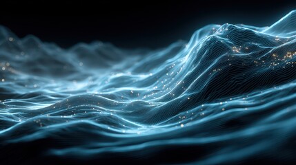 Abstract glowing blue digital waves with sparkling light particles forming futuristic terrain, symbolizing data flow, cyberspace visualization, and technology innovation