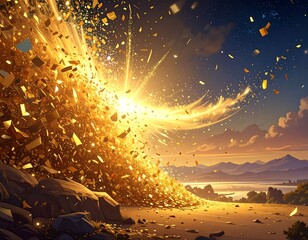 Dramatic explosion of golden light with confetti over a serene landscape