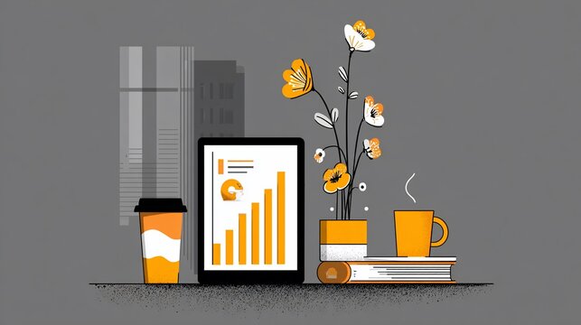 Tablet shows business data in a home office setting with a coffee cup and flowers, for digital marketing